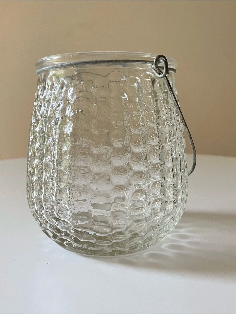 Clear Textured Glass Votive Holder Lantern with Metal Hanging Handle
